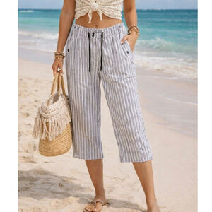 Hannah Stretch Brown Striped Capri Pants Women's Plus Size 16 Pull Sting Waist